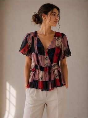 BCBGeneration Floral Patchwork Multi-color V-Neck Peplum Flutter Sleeve Top Sz L